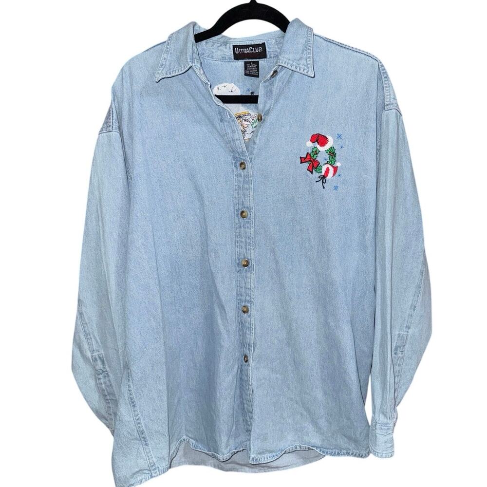 vintage Ultra Club denim shirt Christmas embroidery Trains wreath button up L
